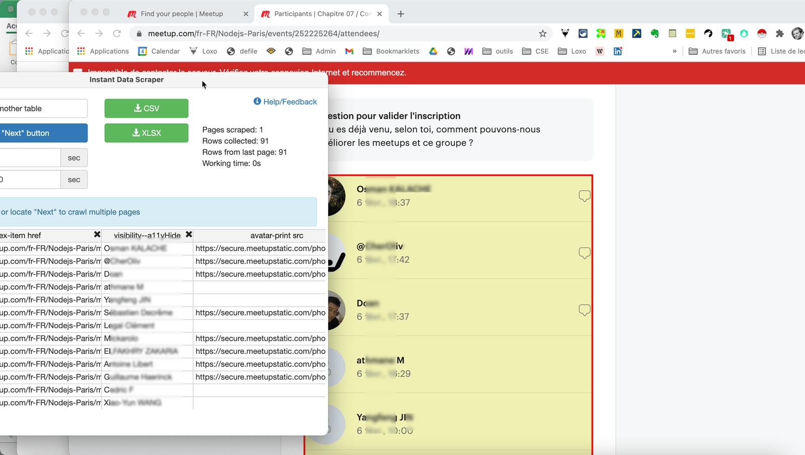 Instant Data Scraper en action — extraction des participants d'un événement Meetup